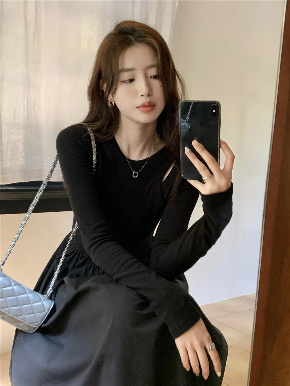 Vestidos de manga comprida vestido feminino dama de honra outono malhas painéis smocked gola alta linha h estilo preppy calor artístico chique