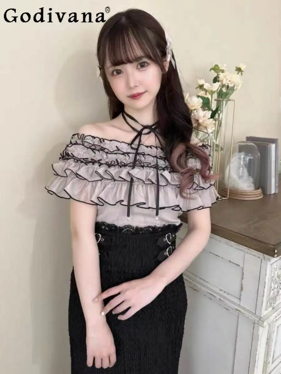 

2026 Spring Summer New Japanese Style Sweet and Cute Girl's Top with Ruffled Knit Off-Shoulder Blouse