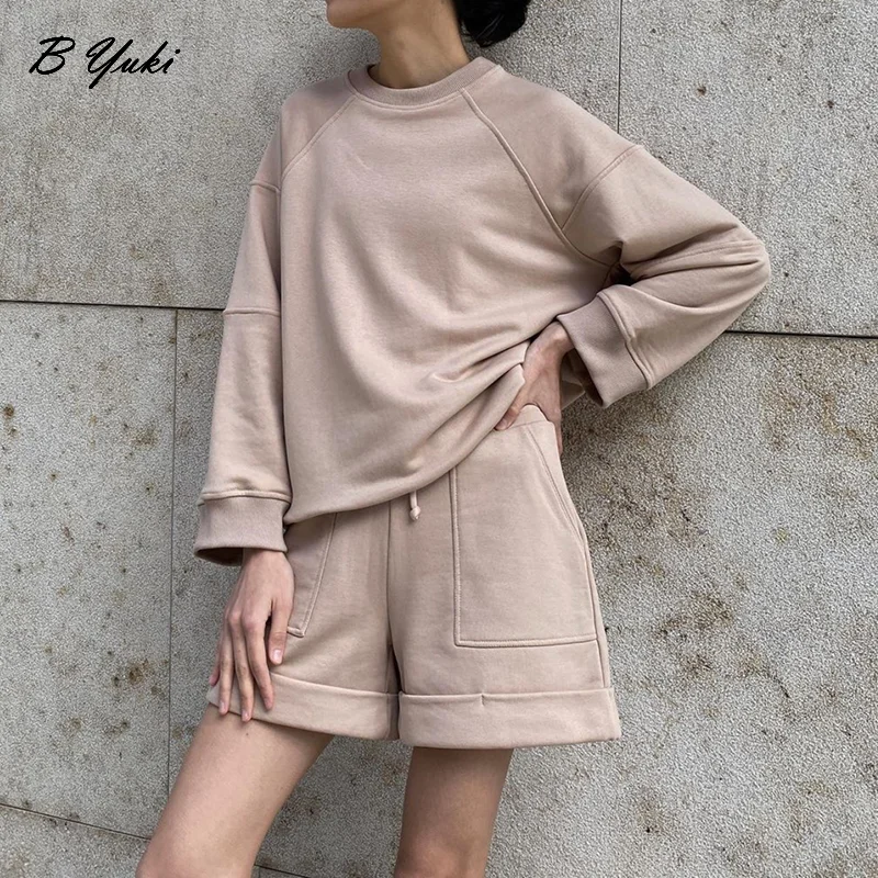 Blessyuki 2023 Spring Summer Soft Cotton Set Women Loose Casual 2 Pieces Long Sleeve Sweatshirt & High Waist Short Solid Outfits