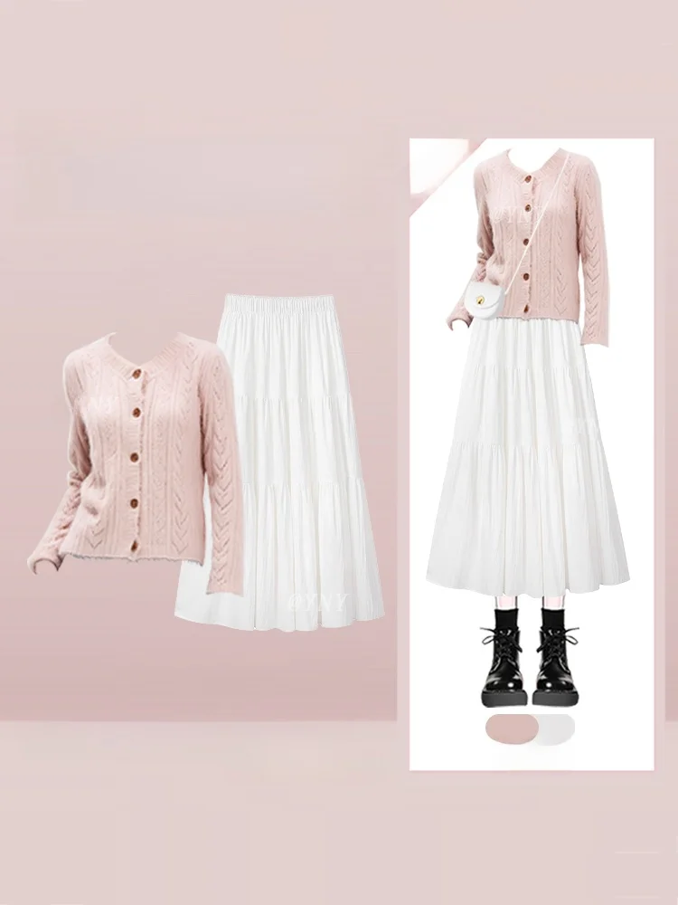 

Korean Sle Softn Autumn Winter Pink round Ne Knitted Open Cardigan Women High Waist Skirt Two Piece Set Faionab...