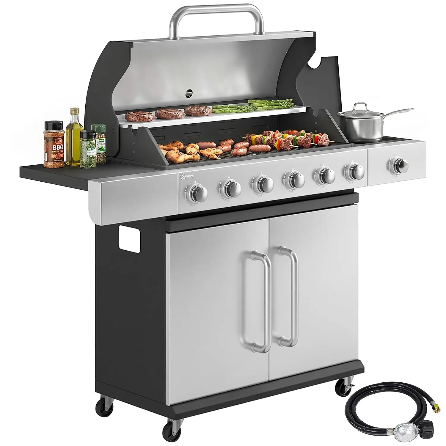 Stainless Steel Barbecue Grill, Cast Iron Grates, Warming Rack, Side Tables, Cabinet, Outdoor Kitchen, Backyard Barbecue