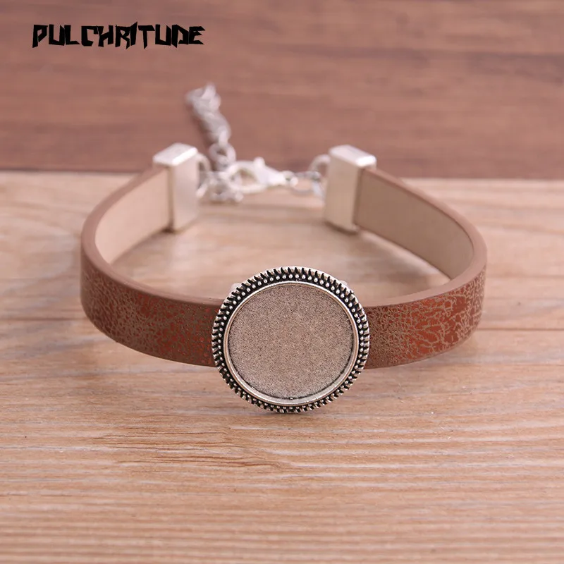 1pcs 5Color Pattern PU Bracelet Silver Round Base Setting Cuff Blank Trays Brazel Fit 18mm Glass Cameo Dome Cabochon DIY Jewelry