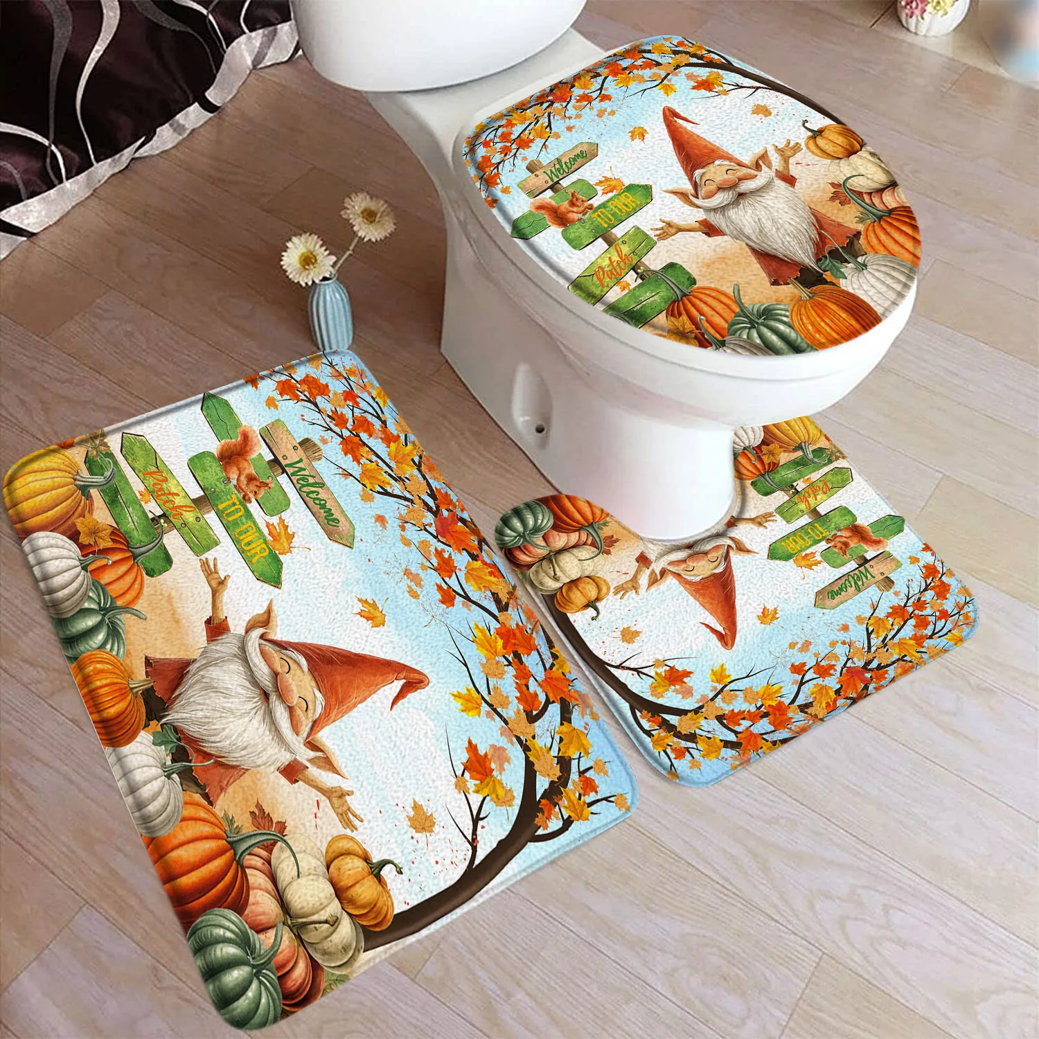 

Осенний комплект ковриков для ванной с тыквой, милый эльфийский белка, кленовые листья, осенний домашний ковер, декор для ванной комнаты, напольные коврики, U-мышки, крышка унитаза