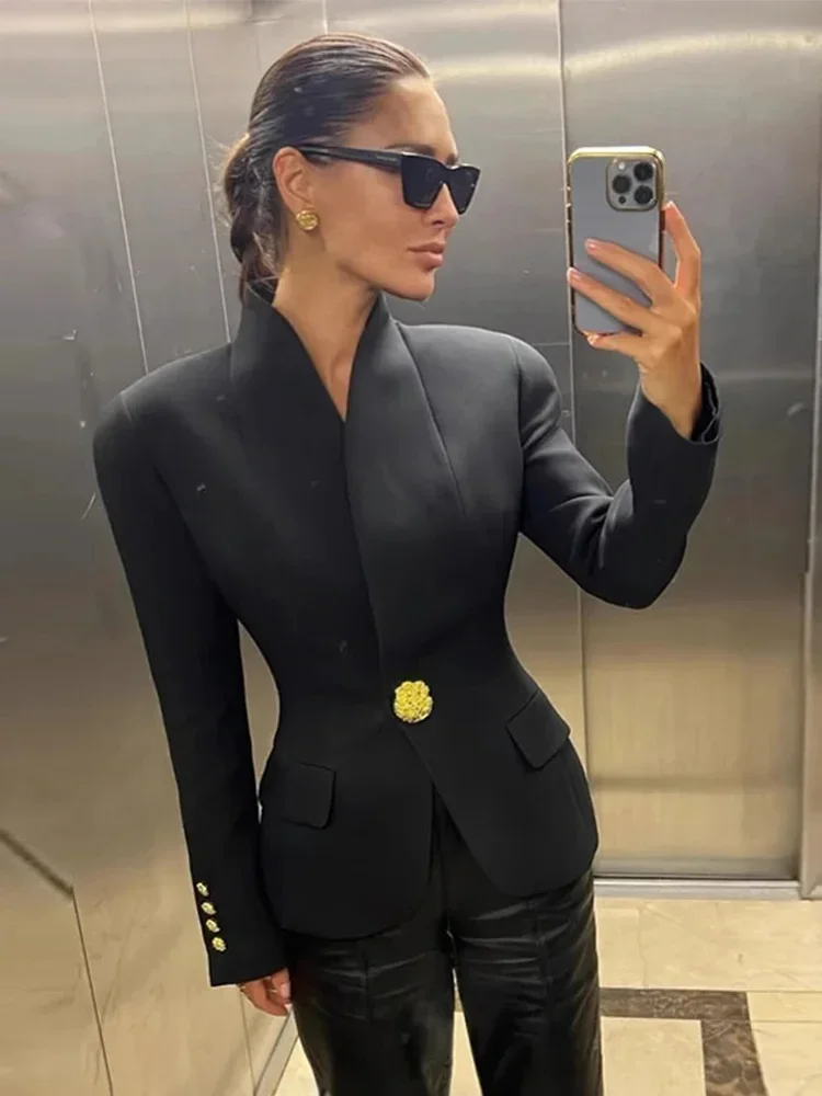 Women Metal Button Blazer Suit Slim V Neck Long Sleeve Fake Pocket Jacket Elegant Autumn Shoulder Pads Office Lady Outwear