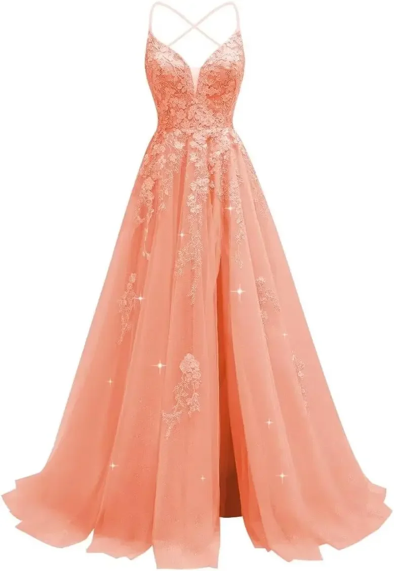 Vestido Formal con Apliques de encaje de tul y tirantes finos, vestido de baile largo para mujer, corsé con tirantes finos, vestido de fiesta de noche sin espalda