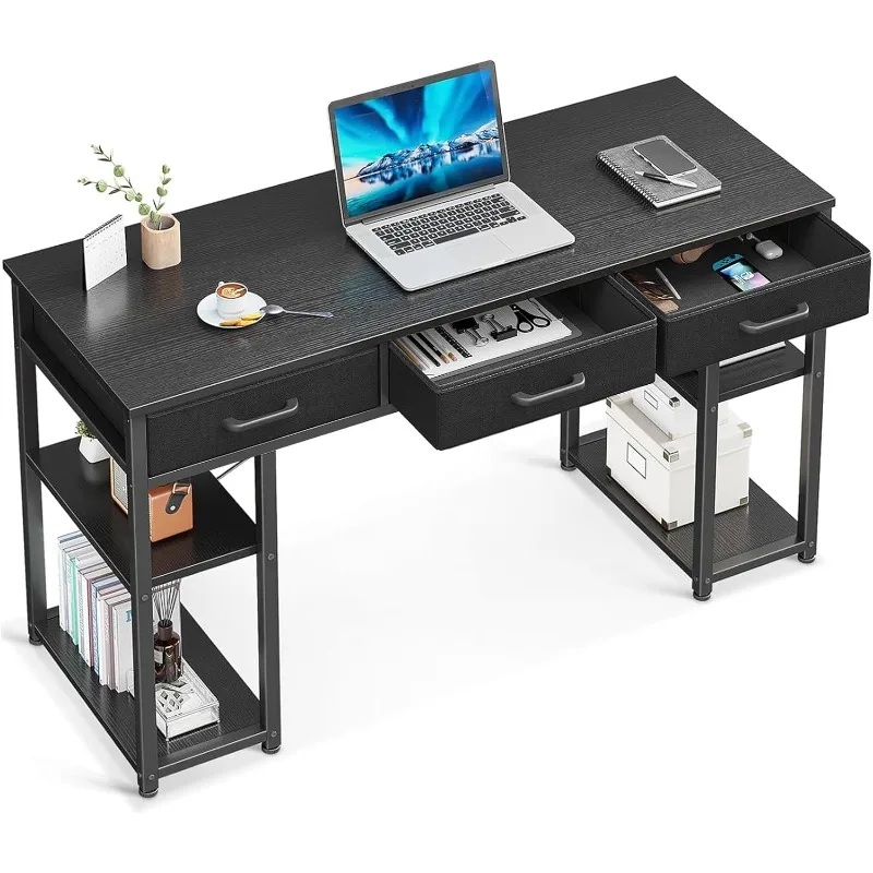 

Office Small Computer Desk: Home Table with Fabric Drawers & Storage Shelves, Modern Writing Desk, 48"x16"