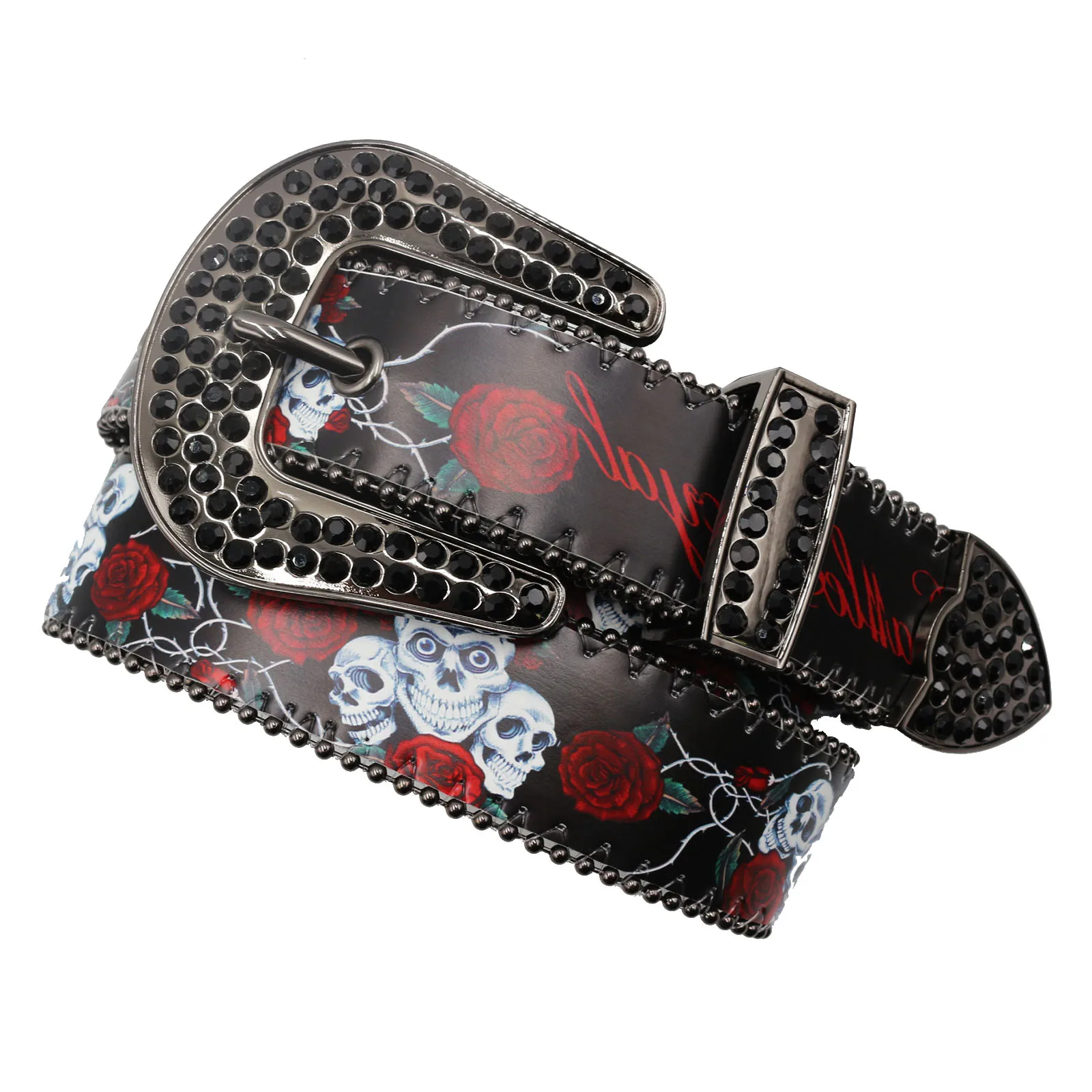 Nice Brand Three Skull Flower printing Rhinestone Belt For Men Women, Western Hip-hop Punk Style Belt For Jeans