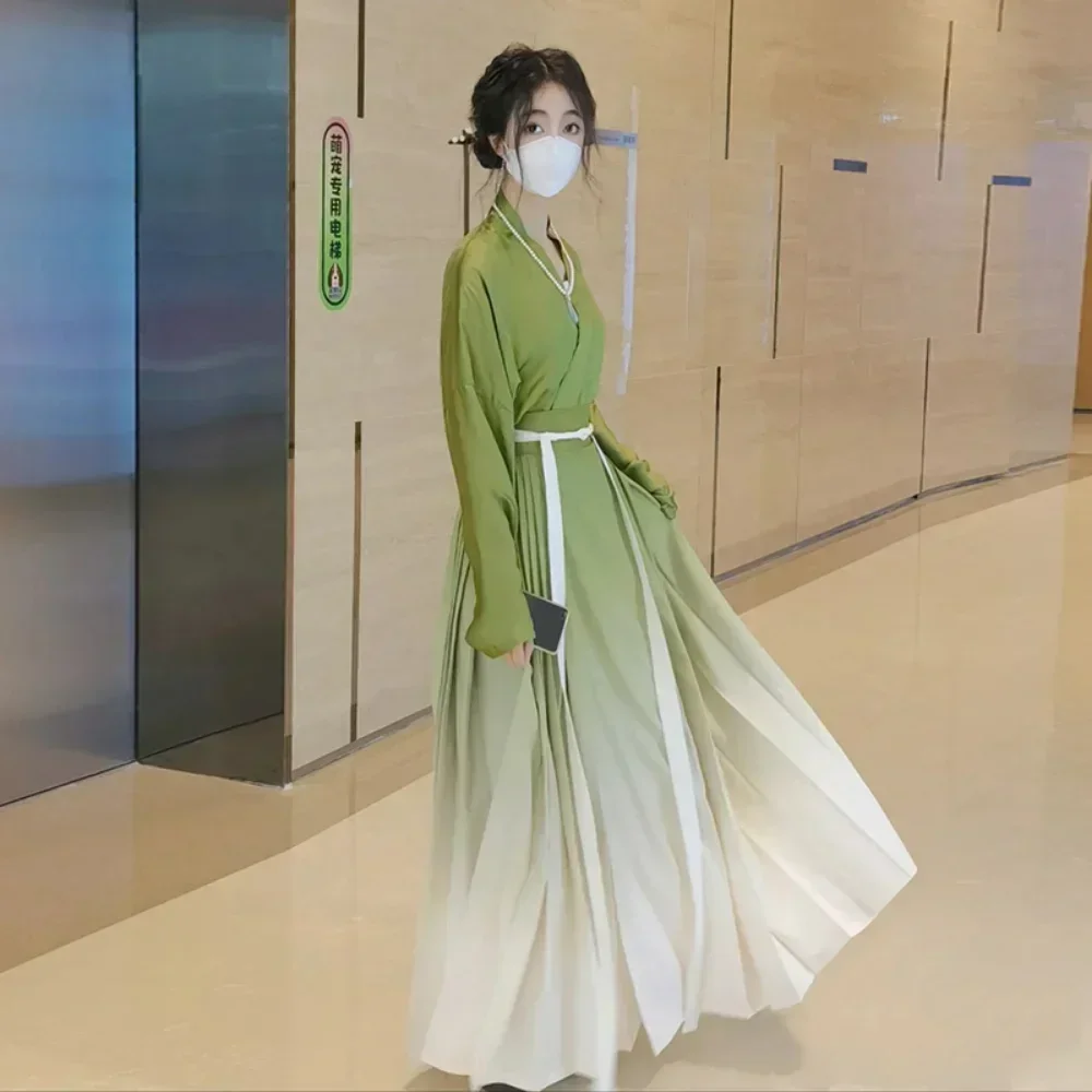 Spring Summer Song Dynasty Elegant Satin Green Gradient Hanfu Dress Women's Clothing Improved Modern Horse Face Skirt Hanbok