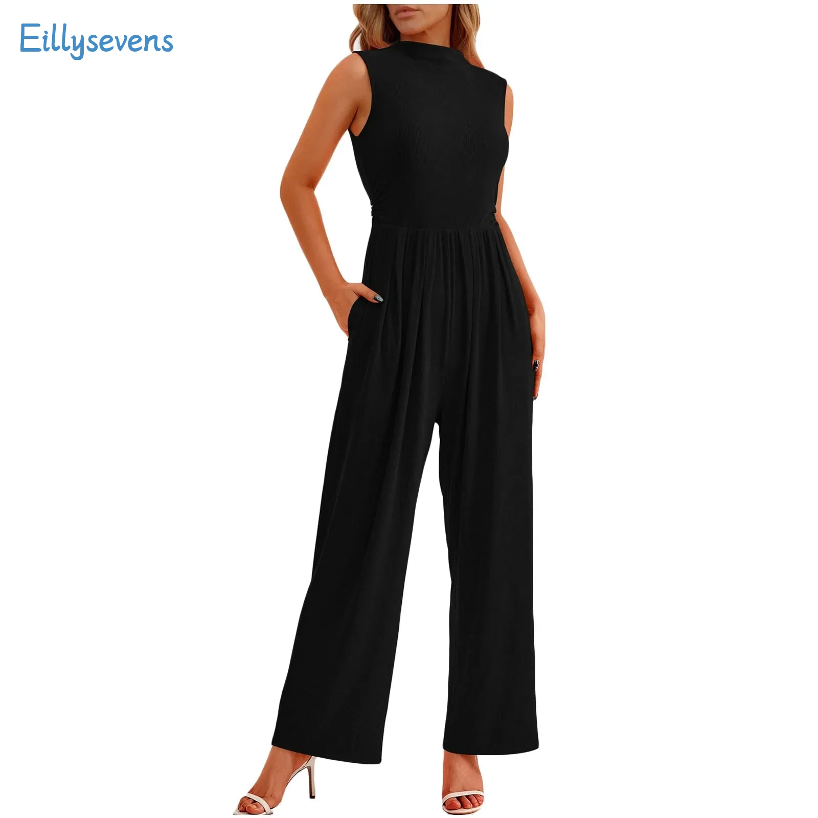 Tank Jumpsuits Casual Fashion Round Collar High Waist Loose Wide Leg Jumpsuits Solid Daily Commuting Comfy Rompers With Pockets