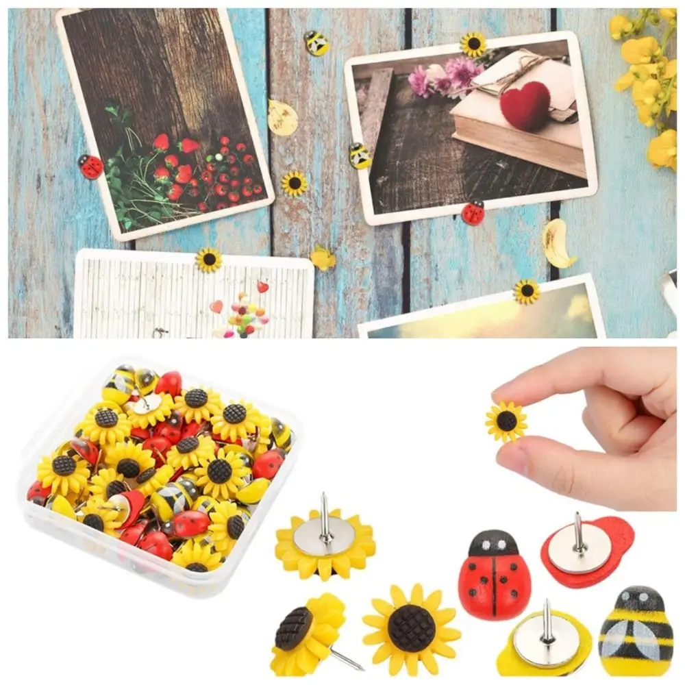 30 pçs decoração de casa abelhas girassol alfinetes diy criativo joaninha polegar tachas com caixa placa 3d push pin foto decoração da parede
