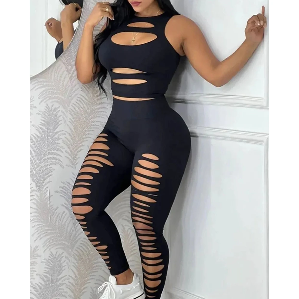 Women\'s Sleeveless Tank Top and High Waist Pants Set, Skinny Black Two Pieces Suit Sets, Sexy Ladder Hollow Out, Summer