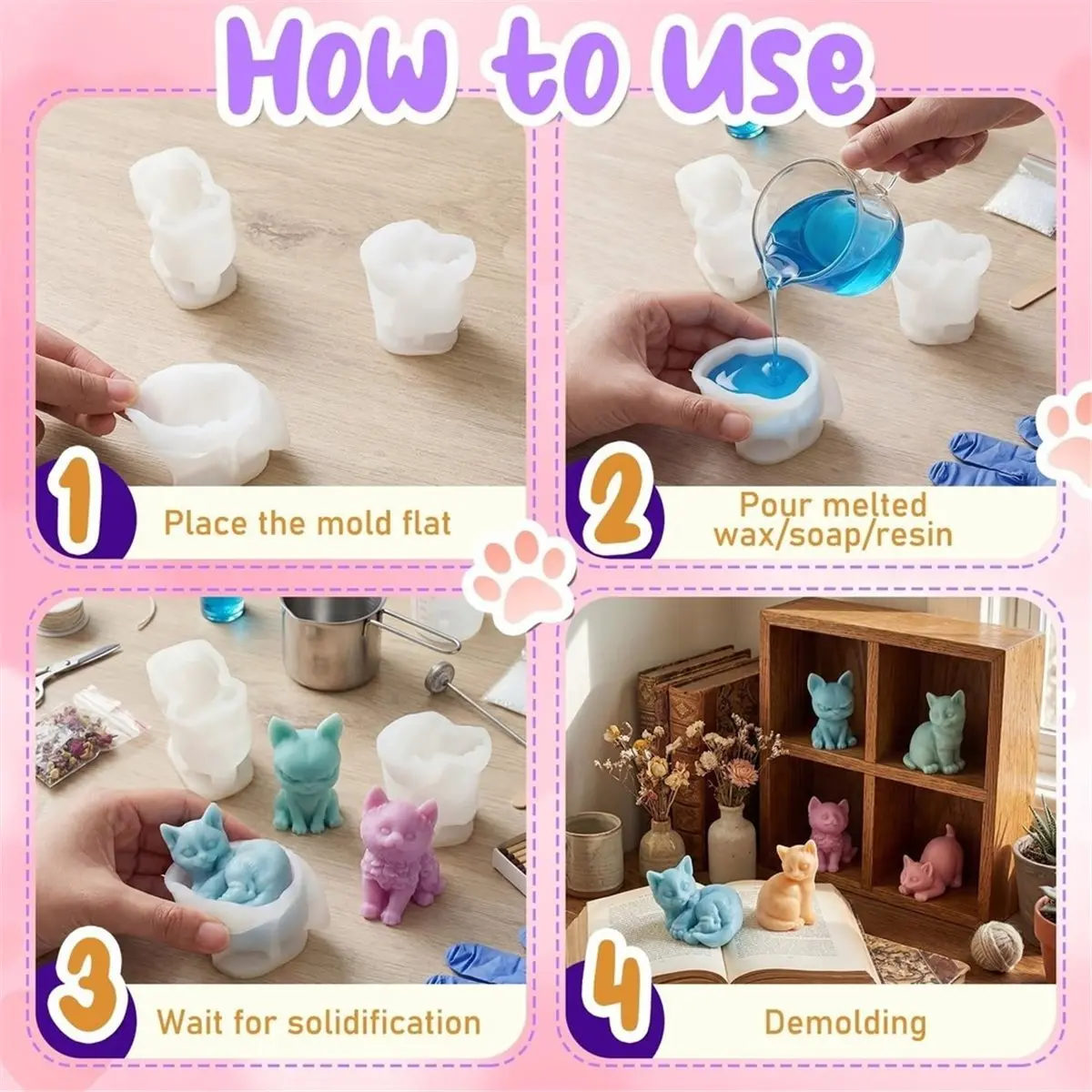 6 Pcs Cat Silicone Molds Mini Animal 3D Silicone Molds Resin for Home Ornament Cute Kitten for Candle Soap Soy Wax DIY