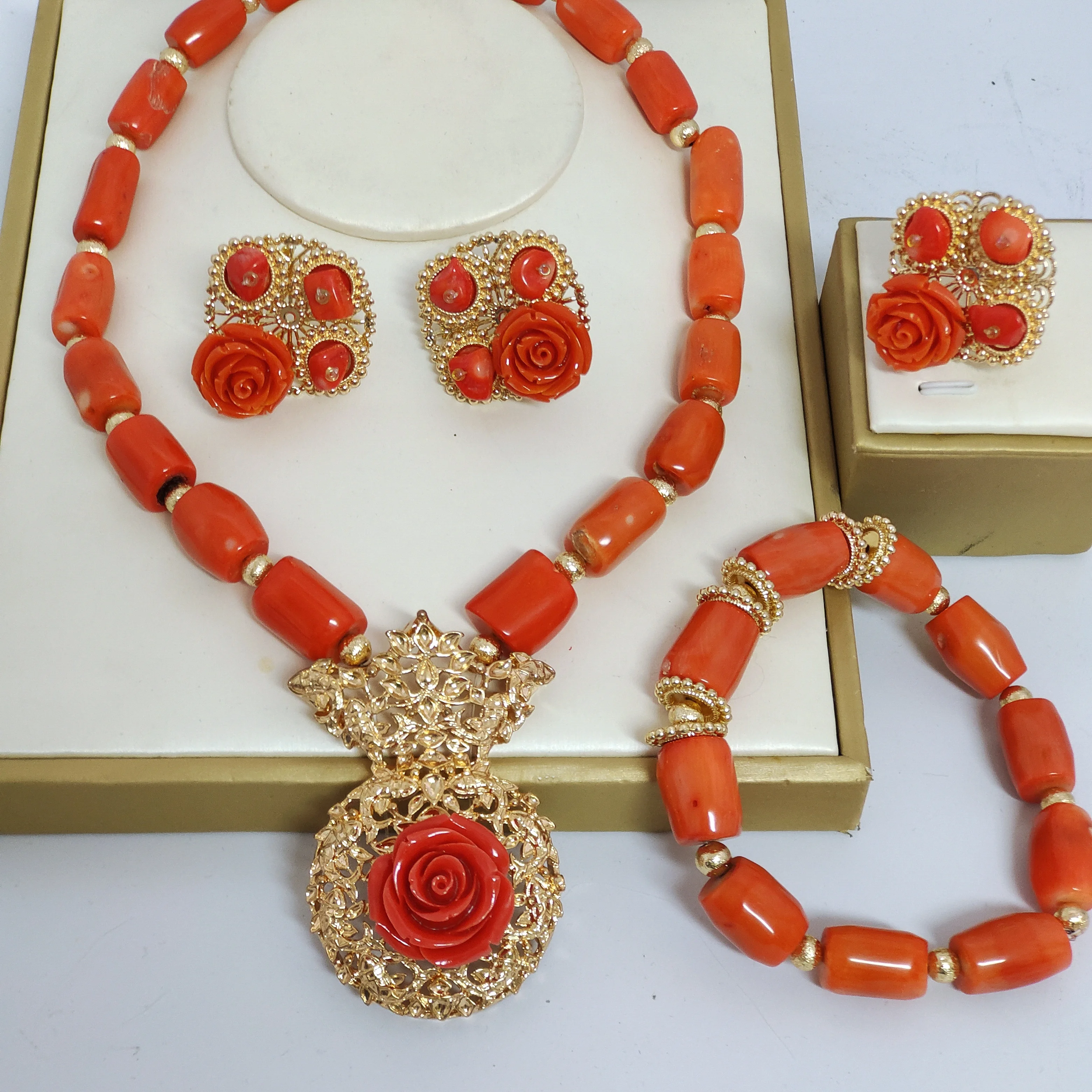 real-nigeria-orange-coral-jewelry-african-wedding-beads-bridal-set-necklace-bracelet-earrings-ring