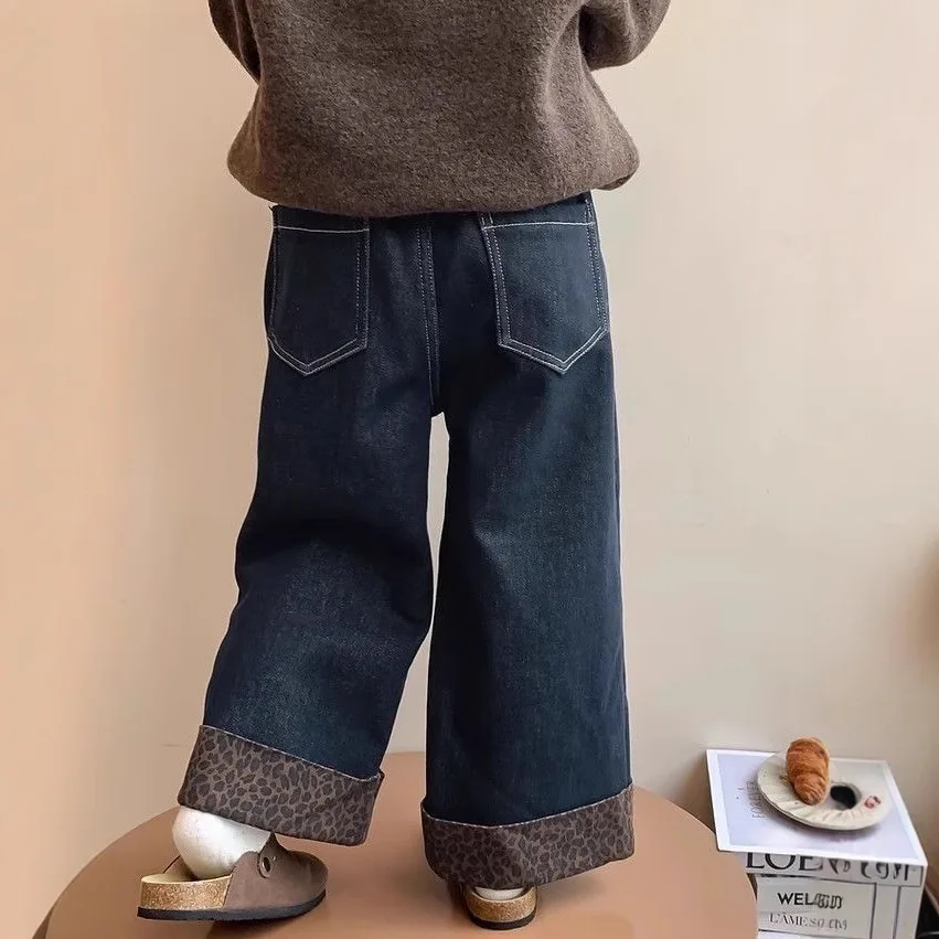 Autumn and Winter Girls' Jeans Baby Foreign Children's Version Thickened Integrated Velvet Leopard Print Wide-leg Pants