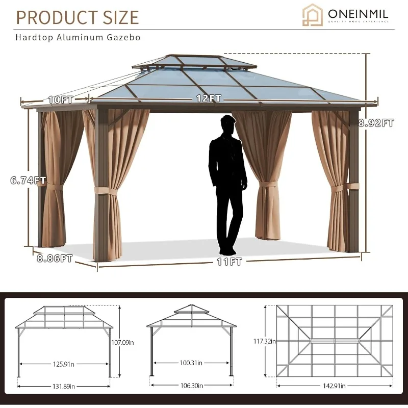 oneinmil 10'x12' Hardtop Gazebo with Netting and Curtains, Outdoor Gazebo with Aluminum Frame, Heavy Duty Double Roof