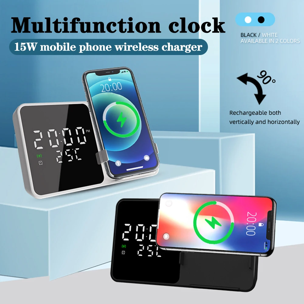 3 In 1 Wireless Charger Stand with Alarm Clock Thermometer For Phone 15W Fast Charger Pad Creative Alarm Clock For Home Office