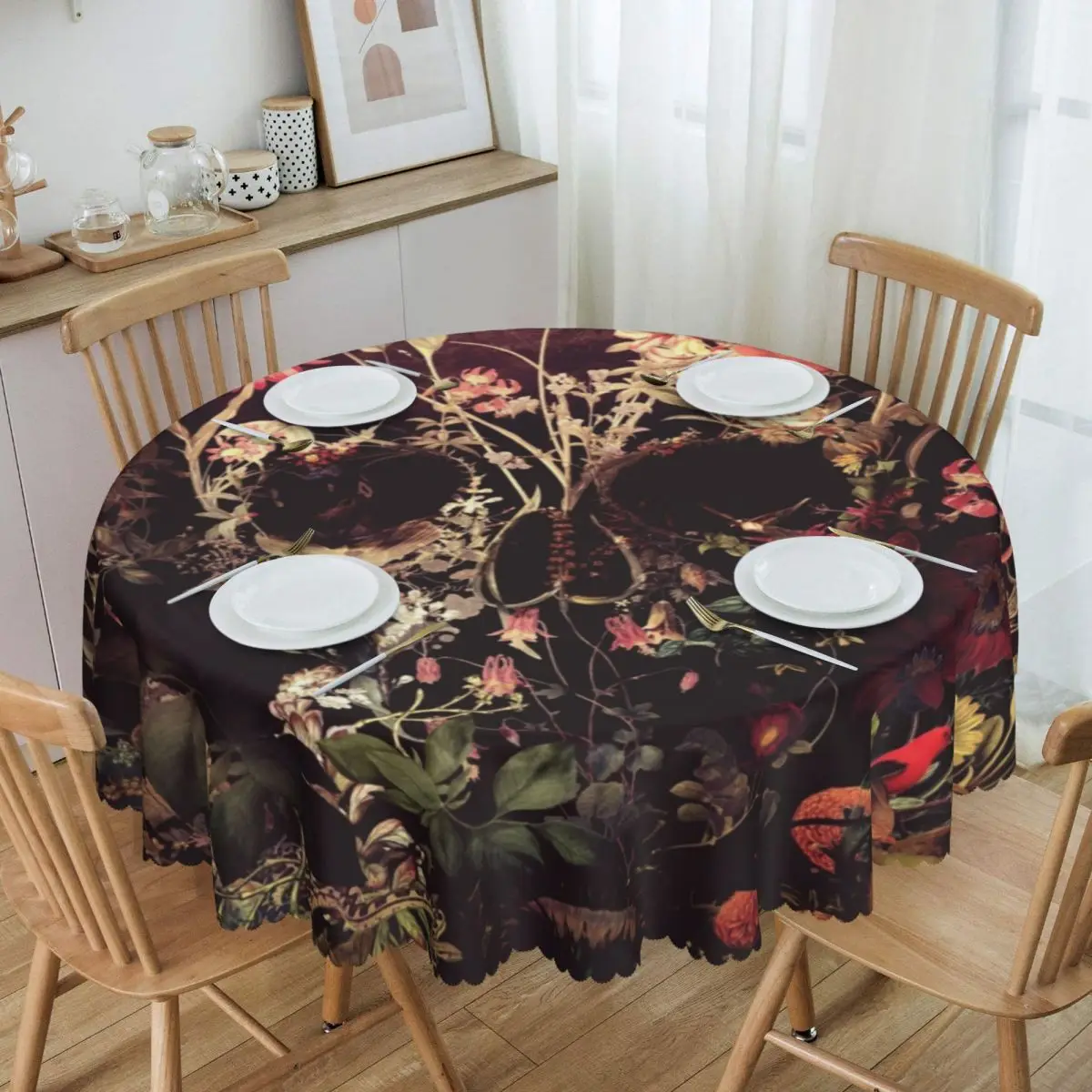 Custom Round Waterproof Halloween Bloom Skull Table Cover Floral Art Tablecloth for Dining 60 inches Table Cloth