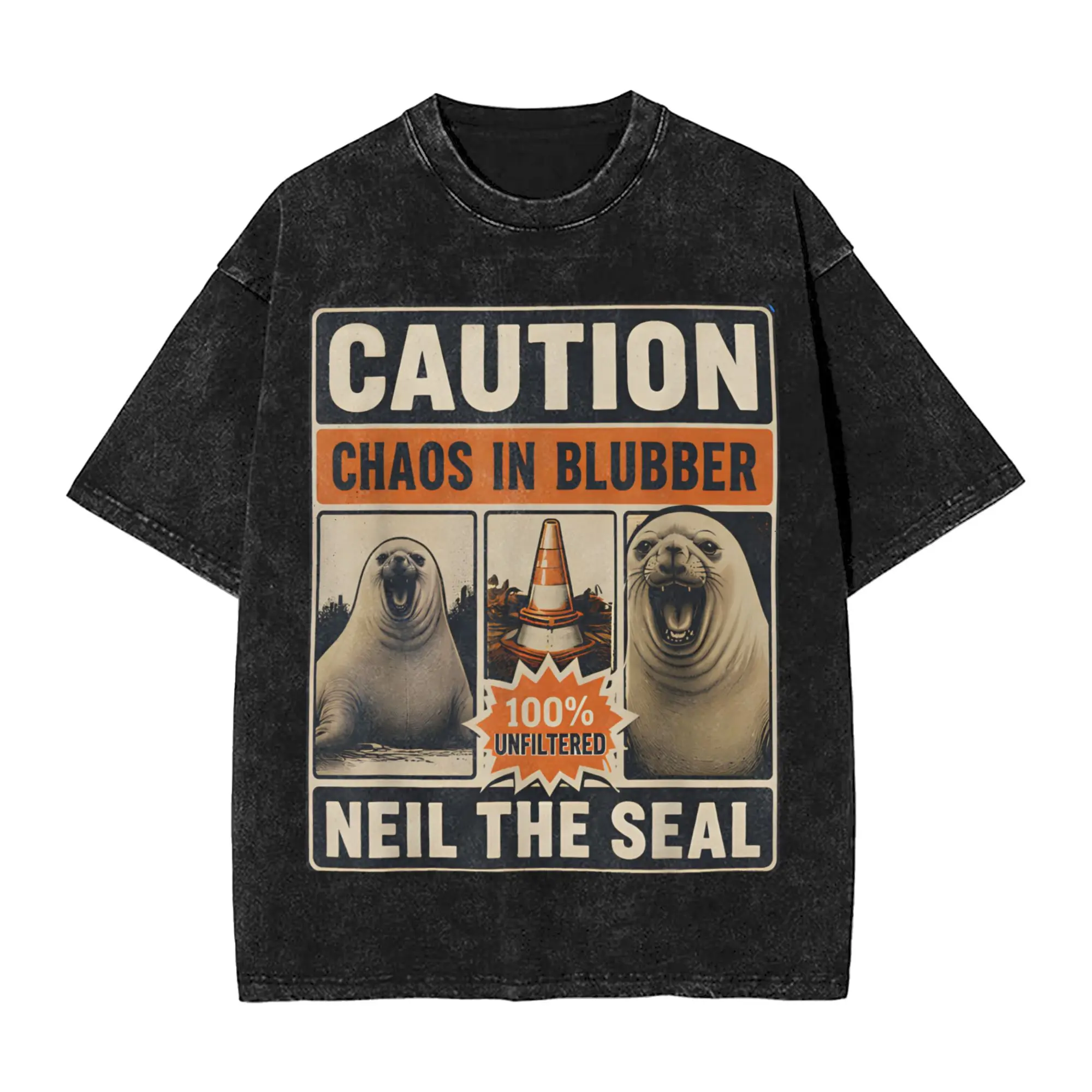 Neil the Seal  Men's T Shirt Washed  Casual Tees Short Sleeve Crew Neck T-Shirt 100% Cotton Summer Tops