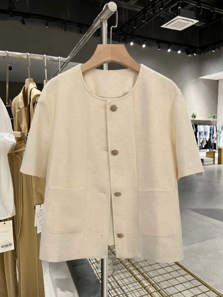 

Женский летний свободный тонкий костюмный жакет больших размеров в стиле французской моды, повседневный, для работы, с круглым вырезом, коротким рукавом, на пуговицах