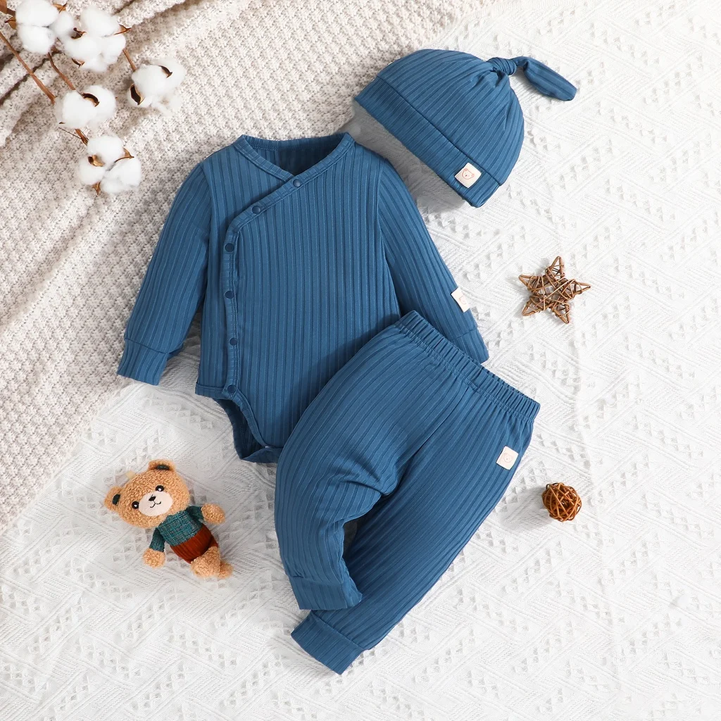 Clothing Set For Kid Unisex 0-24Months Long Sleeve Tiny Button Romper and Pants with Hat Outfit Kids Wear For Newborn Baby Boy