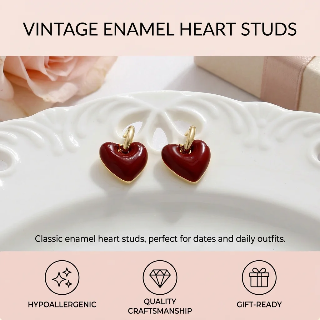 925 Sterling Silver Vintage Enamel Heart Stud Earrings Lightweight Pierced Ear Jewelry with Gift Box for Women Daily Commuting