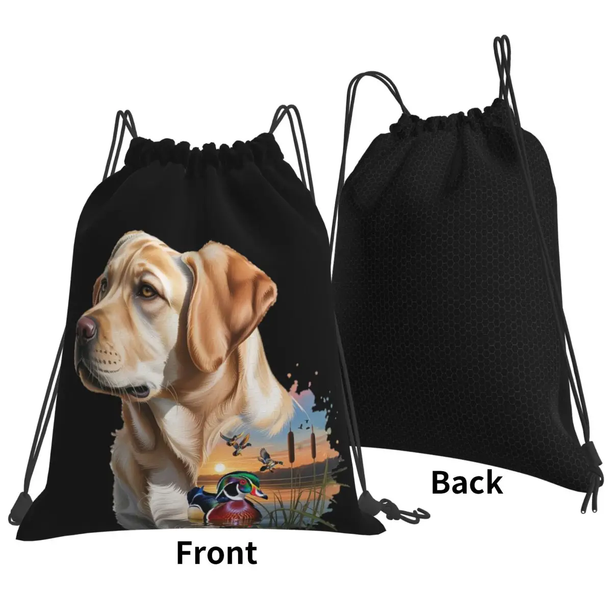 Yellow Labrador And Wood Duck Sunrise Backpacks Casual Drawstring Bags Sports Bag Book Bags for Travel School