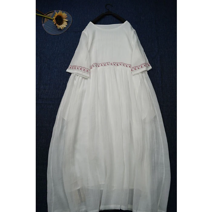 Verão artístico simples bordado cinco quartos Sve Dr feminino viagem Sle Elely round Ne camada dupla queimada A-...