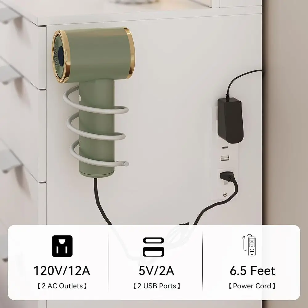 Tavolo da toeletta bianco da 46 LED con 11 cassetti, sedile imbottito, presa di corrente e specchio ingranditore