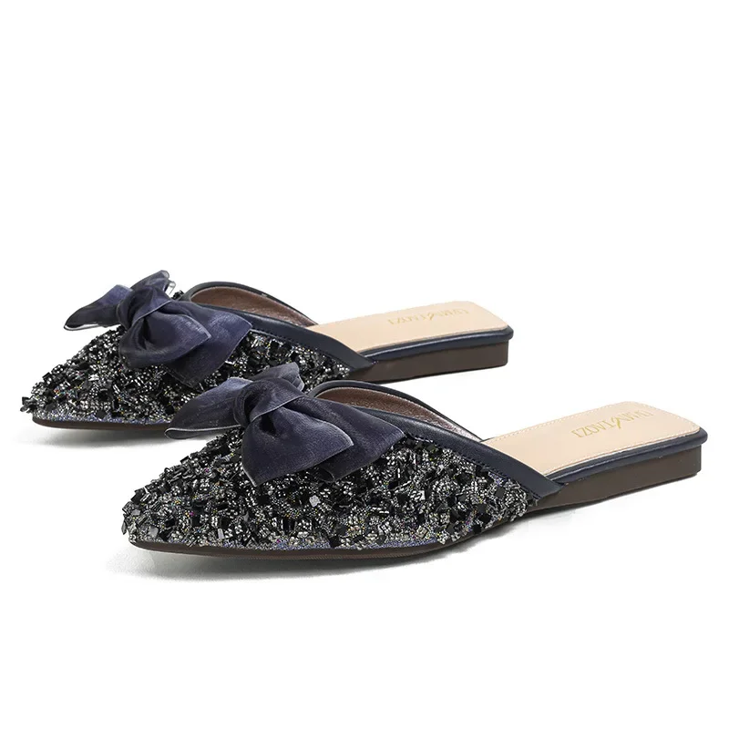 Female Summer Autumn Mules Half Wear Slip-on Shoes Flat Rhinestone Fairy Sandals Slipper Large Size 41 43