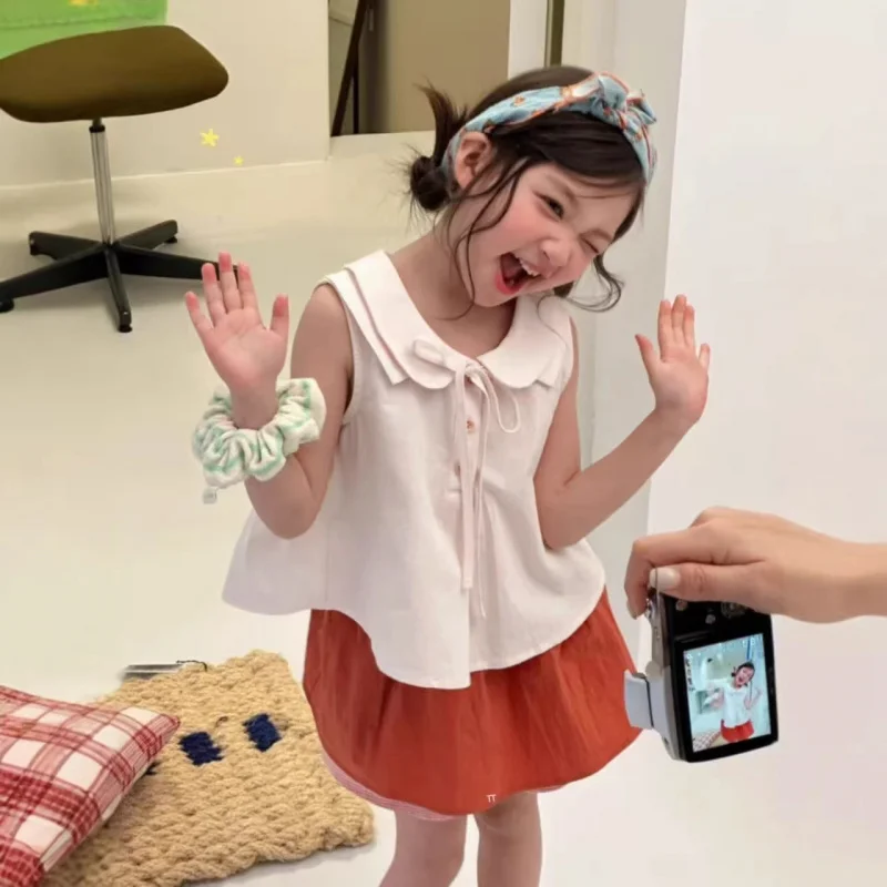 

Детская одежда, костюм для девочек с воротником-куклой, топ и юбка с принтом, летняя новинка, оптовая поставка детской одежды.