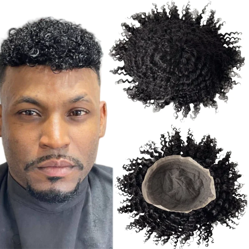 

Монгольские девственные человеческие волосы Шиньоны # 1 темно-черный парик с волнами 12 мм, 8x10, полный кружевной блок для чернокожих мужчин