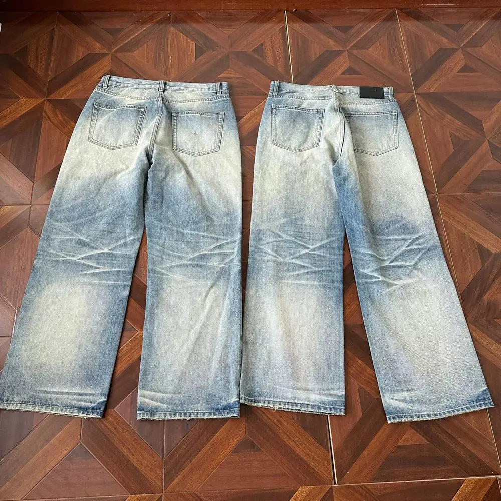 Men's Retro Cat Whiskers Vintage Street Jeans Casual Spring Pants Boys Bottom High Waist Sweatpants Male Wide-leg Denim Trousers