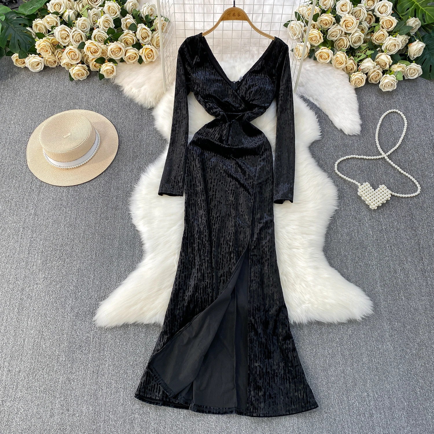 Chic vintage velour slim long sleeve Elegant Fairy korean fashion autumn Sundress women clothing