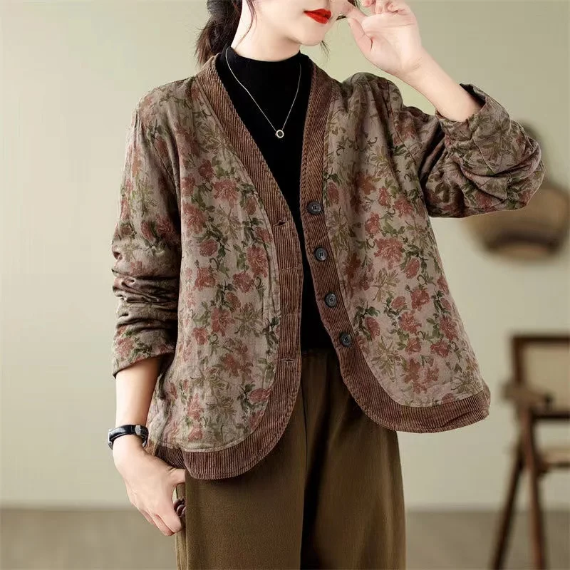 Literary Vintage Floral Short Women Outerwear Coat 2024 New Autumn Winter Casual Loose Female Cotton-Padded Parka Jackets