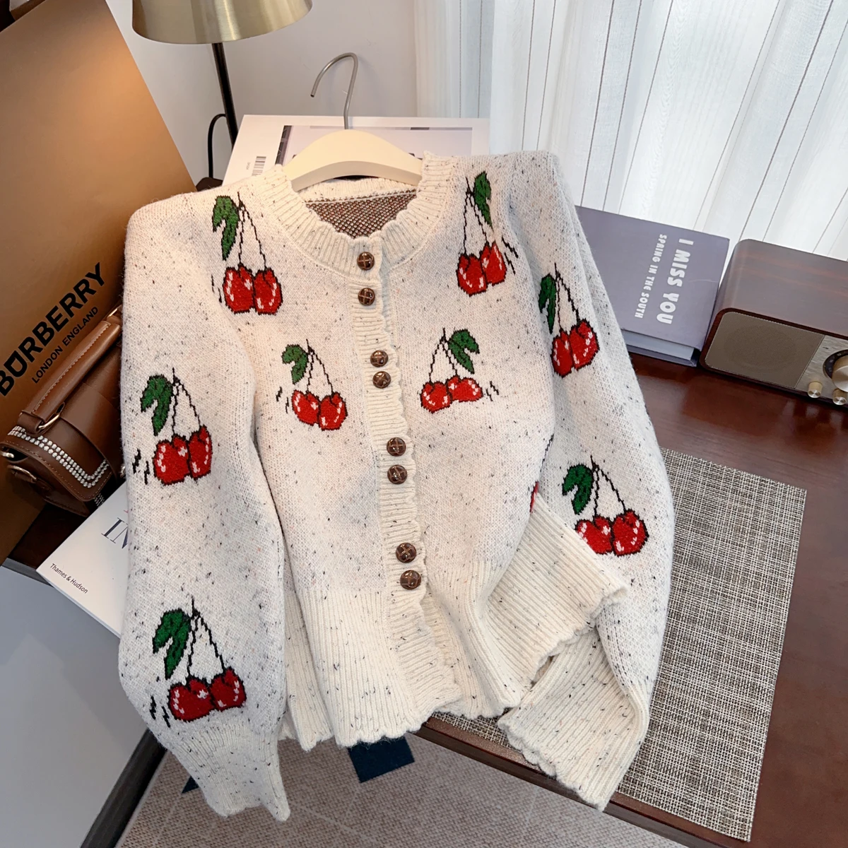 Cherry Jacquard Thicken Knit Cardigan Sweater Women Elegant Fashion Ladies Coat Tops 2024 Autumn Long Sleeve Female Jumpers