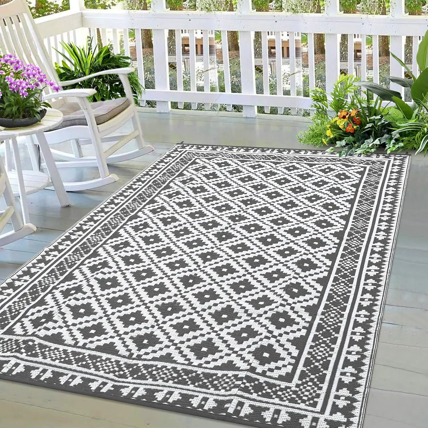 

Outdoor Reversible Mats Plastic Straw Rug,Geometric Modern Washable Area Rug,Rug for Outdoors,Deck,Picnic, Beach,5x8,Grey