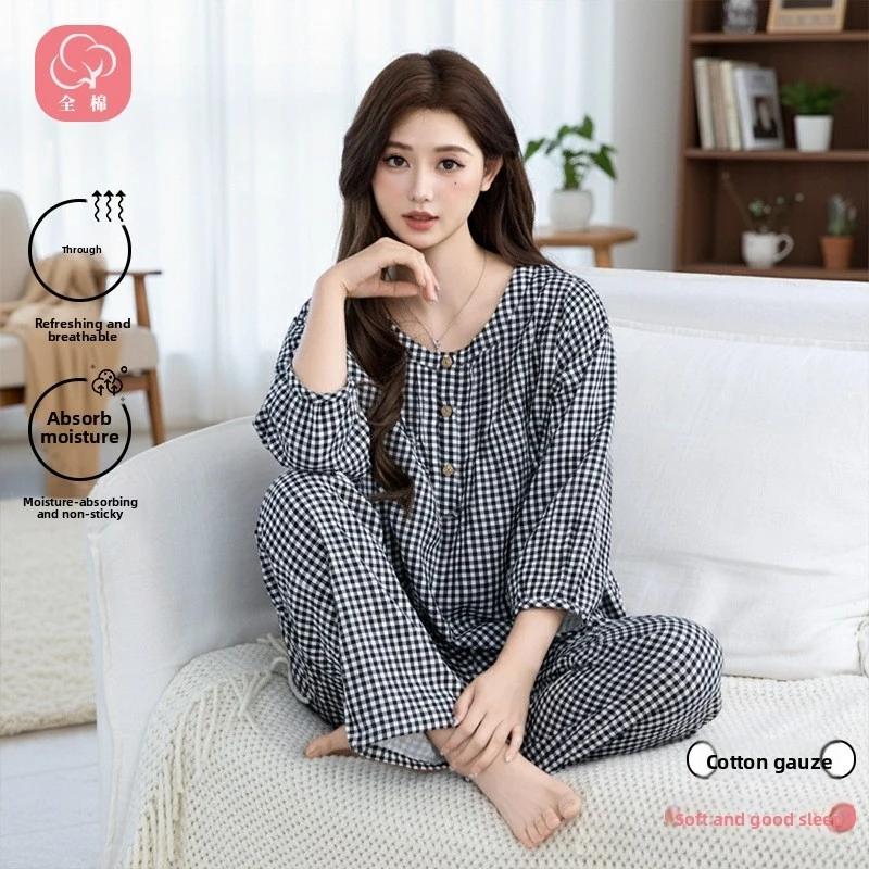 

2pcs Women's Pajama Set Classic Plaid Style 100% Double Layer Cotton Gauze 3/4 Sleeve Ankle Length Pants Lightweight Soft Lounge