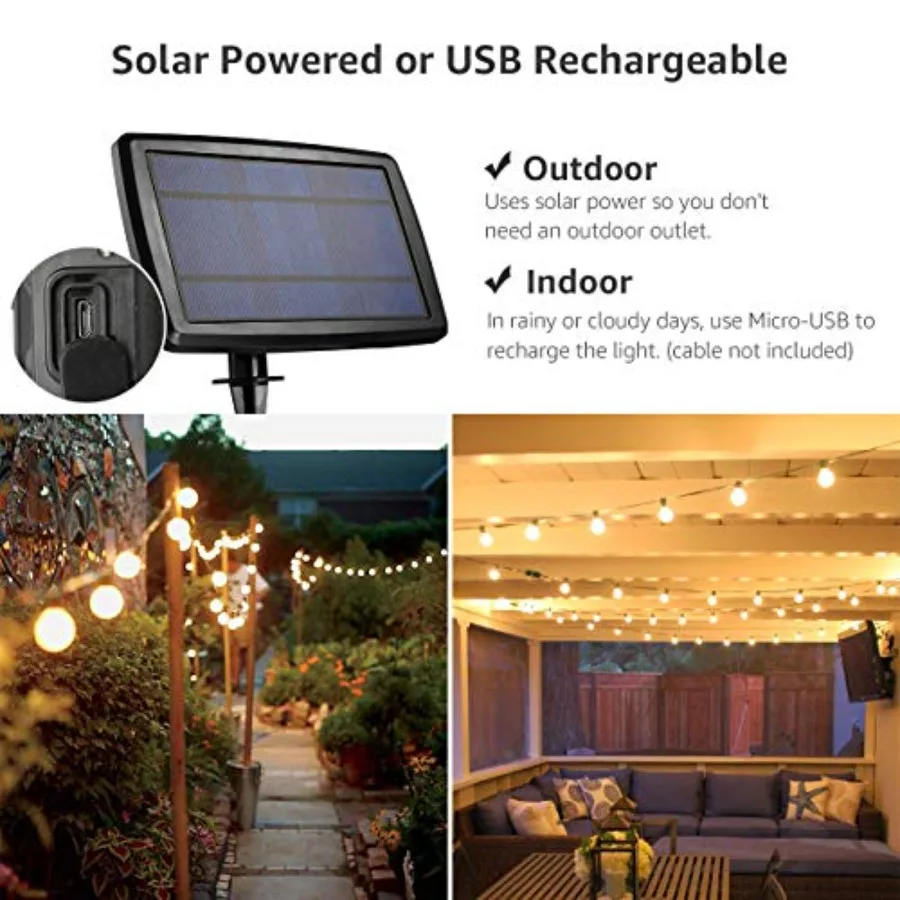 Solar Outdoor String Lights Patio Bistro Lights, 25ft 26 LED G40 Bulbs, USB Rechargeable Portable Edison Café String Lights for