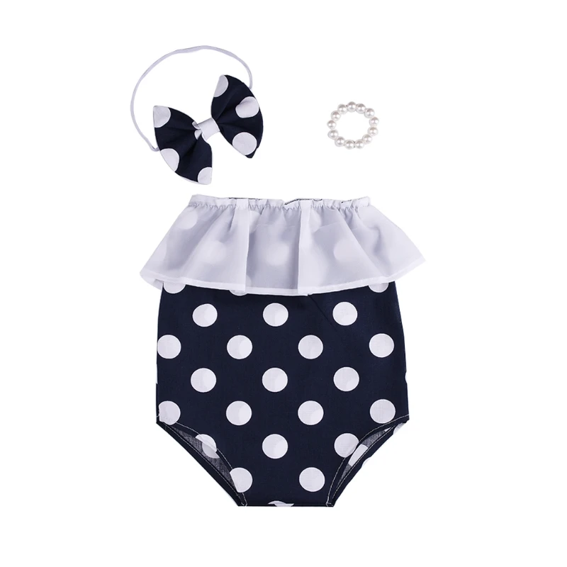 Baby Summer Romper Outfits Polka Dot Printed Tied Romper Headband and Bracelet Set for Toddler Girls