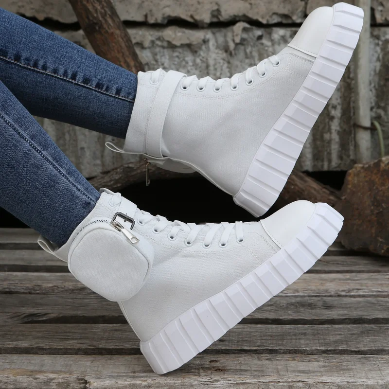 High-top Pocket Boots Women Winter Shoes New White Female Canvas Shoes Autumn Platform Martern Boots Casual Plush Ankle Booties