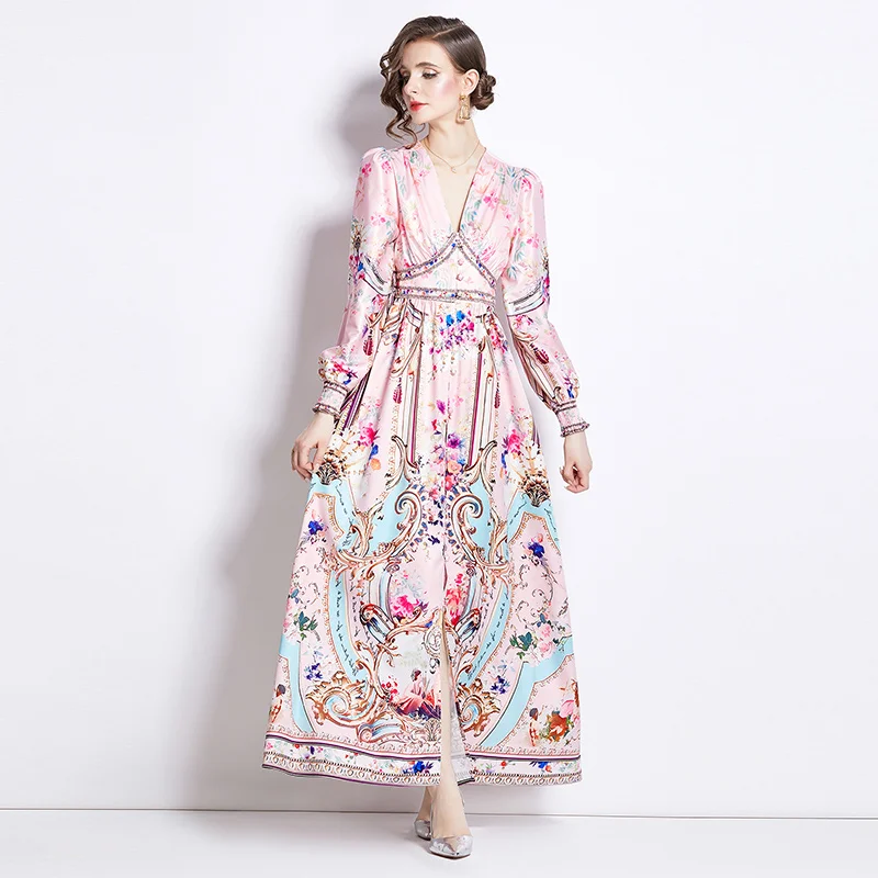 Landebahn Sommer Herbst Gorgeour Blumen druck Split Maxi kleid Vintage Frauen V-Ausschnitt Einreiher hohe Taille Boho Urlaub Robe