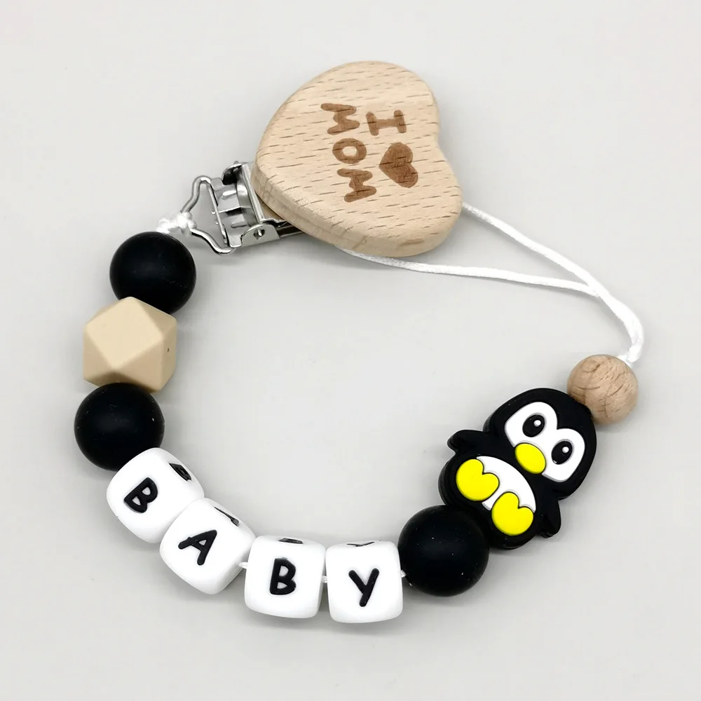 Baby Pacifier Clip Personalize Name I Love Mom Dummy Nipple Holder Chain Penguin Newborn Gift Teether Toy for Babies Accessories