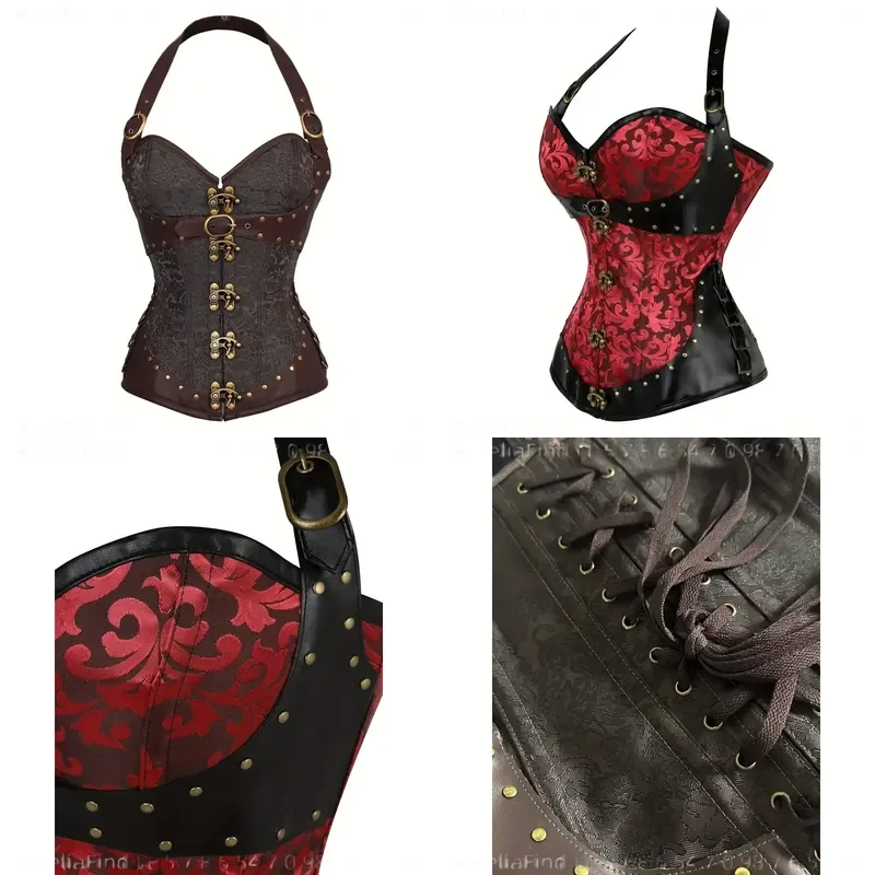 Women Gothic Steel Boned Corset Halter Neck Shapewear Faux Decor Waist Cincher Bodice Front Clasp Vintage Cosplay Party Costume For Halloween Themed Outfit