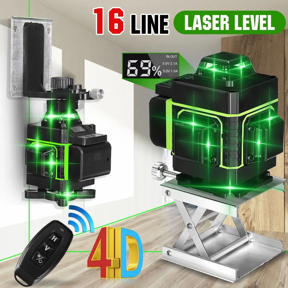 

FASGet 16 Lines 4D Green Laser Level 360 Horizontal Vertical Cross Lines Auto Self-Leveling Laser Tool Indoor Outdoor Using