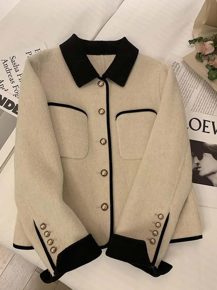 

Off-White Double-Sided Woolen Jacket Women's 2025 Spring Contrasting Color Lapel Collar Fashion Temperament Short Coat Fall