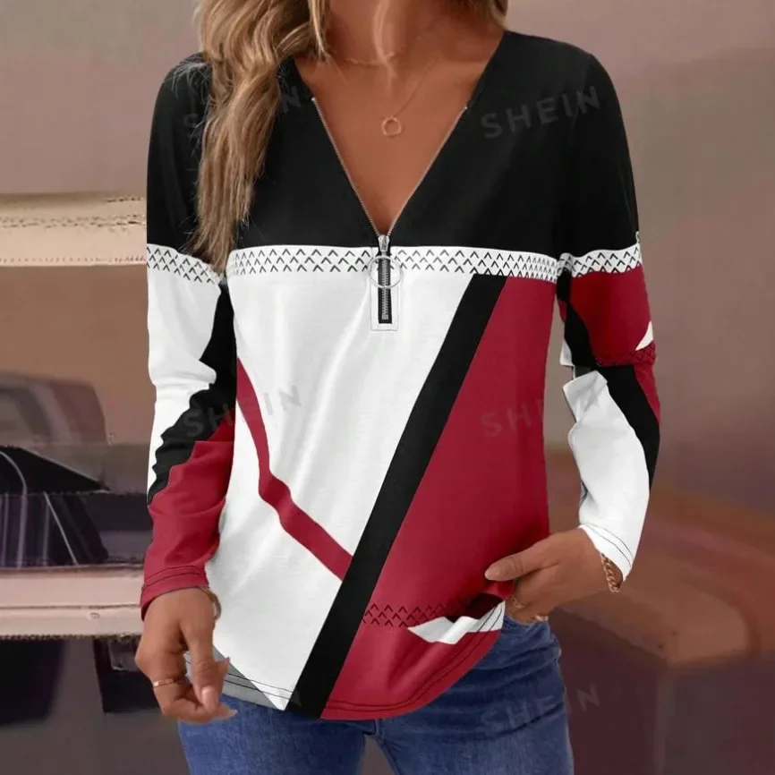 Women's Casual Long Sleeve T-shirt Zipper Neck Geometry Print Full Polyester Fiber Regular Sleeve Length Chinese Origin