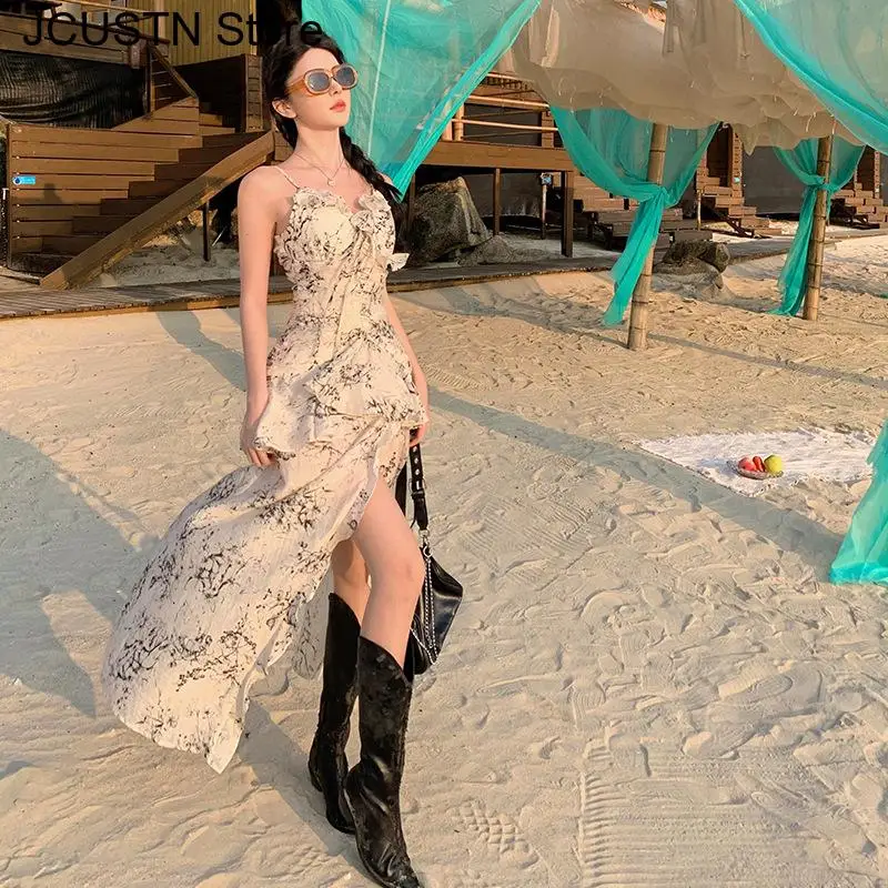 女性のシフォンドレスエレガントなプリントビーチスタイルパーティードレスセクシーなスパゲッティストラップ Vestidos 夏の新しいフリルドレス