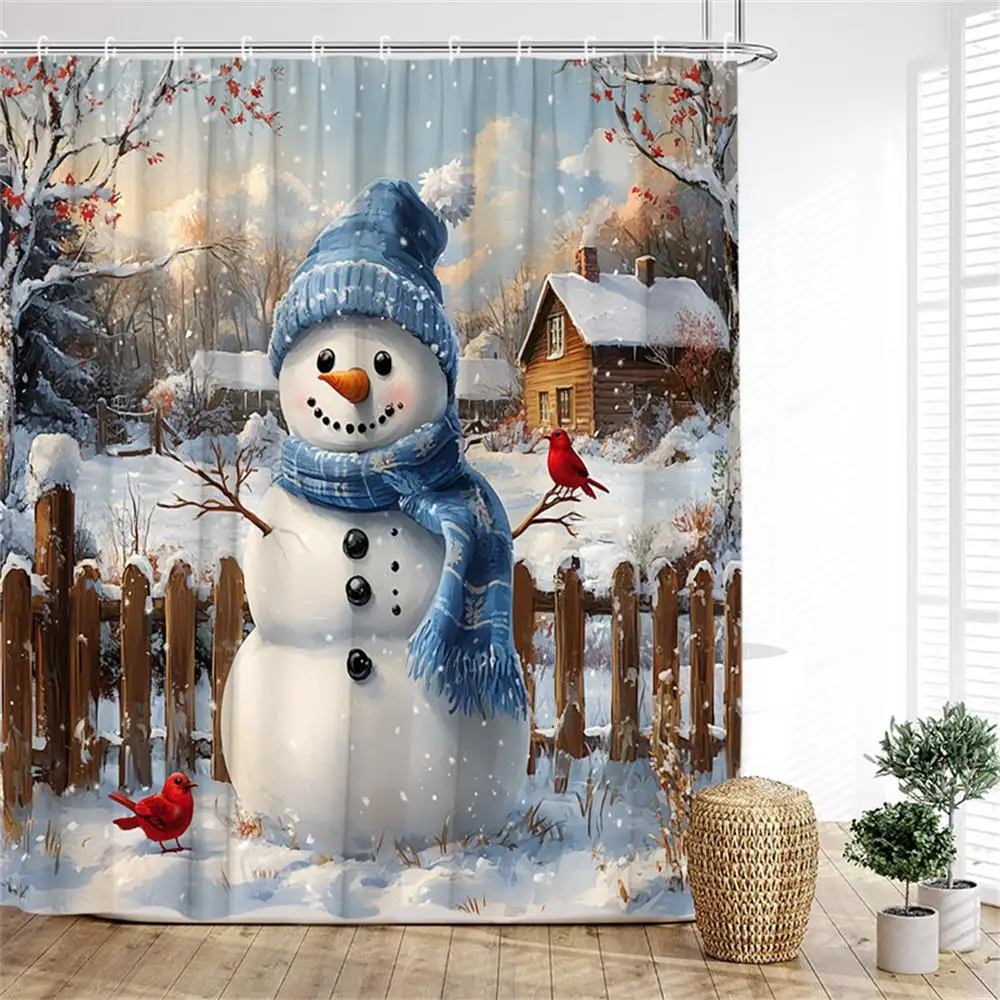 Forest Cute Snowman Shower Curtain Red Bird Berry Squirrel Winter Snow Christmas Bath Curtains Fabric Bathroom Decor with Hooks