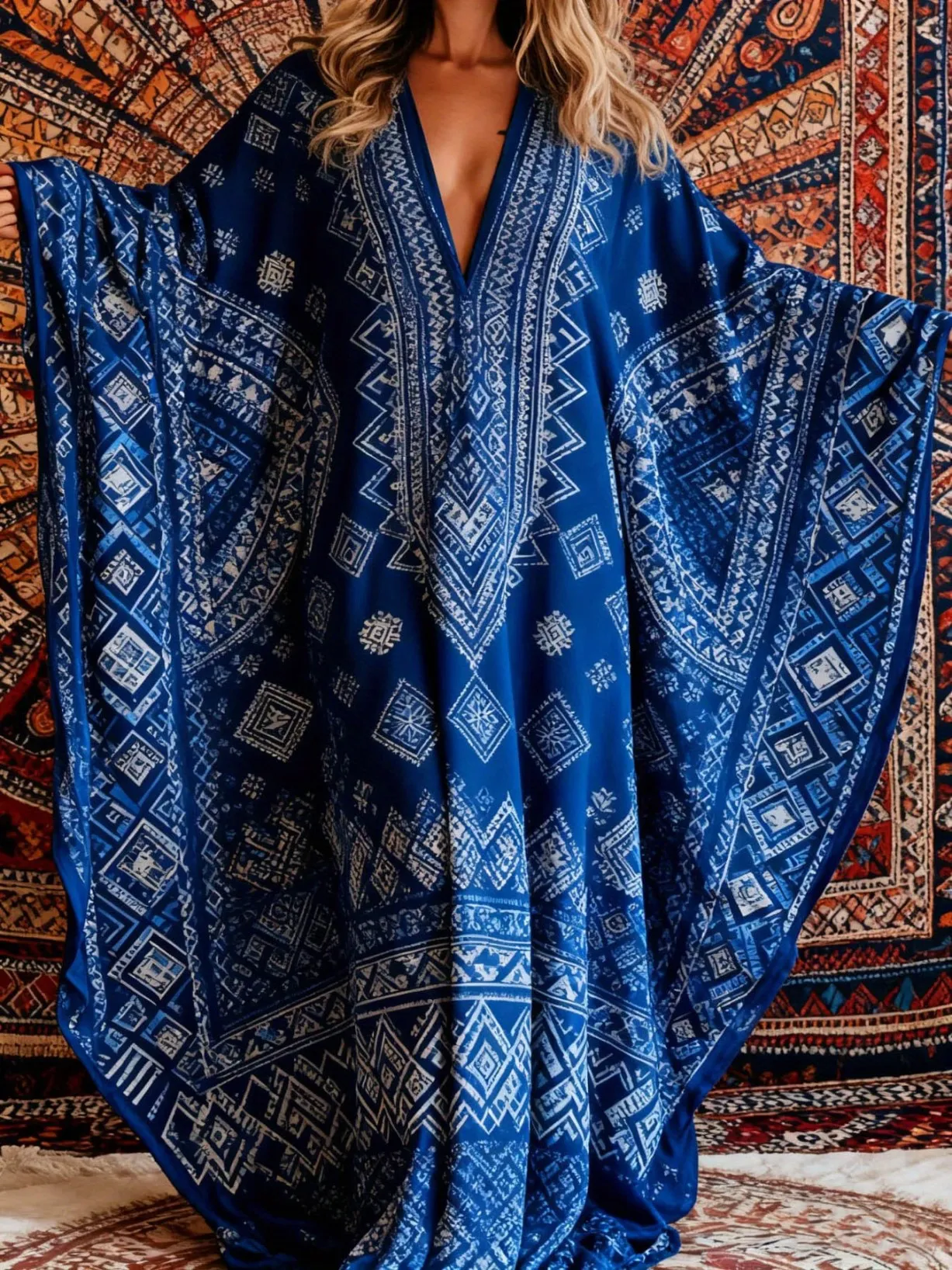 Bohemian Ethnic Geometric Print Kaftan Dress Women V Neck Batwing Sleeve Maxi Dress Beach Cover Up for Summer Vacation Swimwear