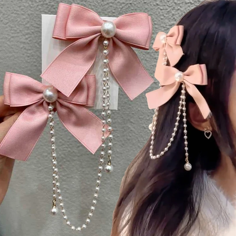 Women Sweet Princess Style Pink Pearls Chain Bow Hair Clip Children's Cute Back Head Hairpins Hair Clips Girls Hair Accessories